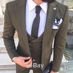 Designer Business Grun Green Suit Herren Anzug Sakko Weste Tailliert Slim Fit 50