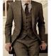 2018 Vintage Wool Tweed 3-Piece Brown Khaki Herringbone Suit Custom Slim Fit