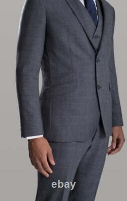 3 Piece Suit Slim Fit Grey Blue Check Wool Mens Tom Percy