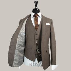 3 Piece Suit Tweed Herringbone Wool Mens Slim Fit Vintage Tom Percy 38R W32 L31