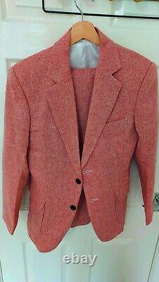 3 Piece Tweed Suit Coral Red XS Slim Fit