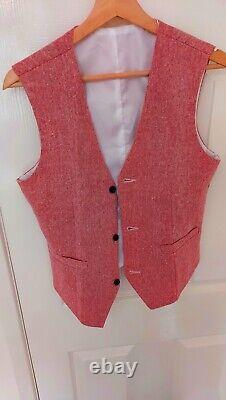 3 Piece Tweed Suit Coral Red XS Slim Fit
