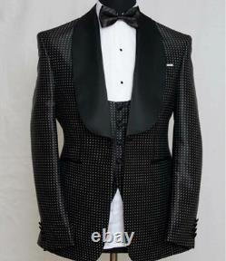 3pcs Slim Fit Prom Suit Men with Dots Shawl Lapel Wedding Tuxedos Clothes Suit
