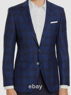 $695 Hugo Boss Men's 46R Blue Plaid Slim Fit Wool Sport Coat Suit Jacket Blazer