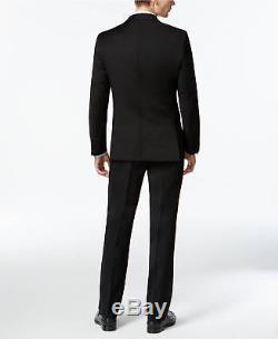 $845 CALVIN KLEIN Mens Slim Fit Wool Suit Black Solid 2 PIECE JACKET PANTS 38R