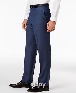 $999 CALVIN KLEIN Mens Slim Fit 2 PIECE WOOL SUIT Solid Blue JACKET PANTS 42 R