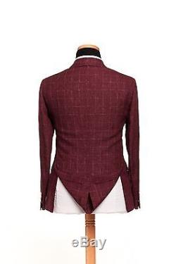 BELVEST Double Breasted Pure Linen Suit Checks Burgundy 42 US 52 EU 9R Slim Fit