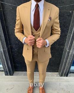 Beige Slim-Fit Suit 3-Piece, All Sizes Acceptable #50