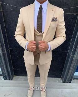 Beige Slim-Fit Suit 3-Piece, All Sizes Acceptable #64