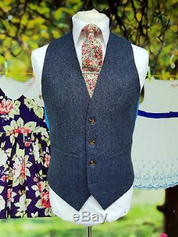 Blue & Black Thread Tweed Men's Herringbone Vintage 3 Pcs Slim Fit Wool Suits