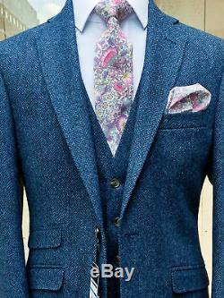 Blue & Black Thread Tweed Men's Herringbone Vintage 3 Pcs Slim Fit Wool Suits