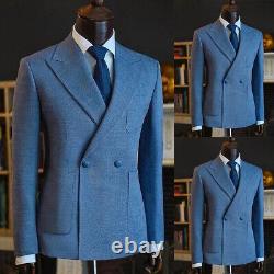 Blue Men Suit Double Breasted Blazer Regular Slim Fit Tuxedos Peak Lapel Wedding