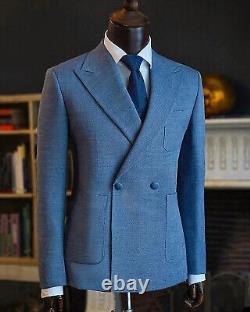 Blue Men Suit Double Breasted Blazer Regular Slim Fit Tuxedos Peak Lapel Wedding