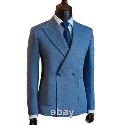 Blue Men Suit Double Breasted Blazer Regular Slim Fit Tuxedos Peak Lapel Wedding