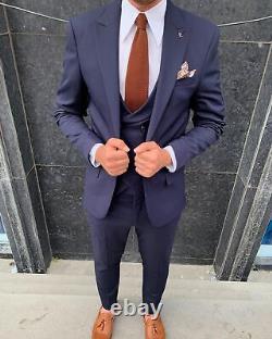 Blue Slim-Fit Suit 3-Piece, All Sizes Acceptable #66