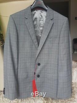 Bnwt Hugo Boss Size 46 Slim Fit Grey Check Virgin Wool 2 Piece Suitrrp £398