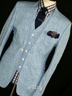 Bnwt Luxury Mens Holland Esquire Floral Baby Blue 3 Piece Slim Fit Suit 40r W34