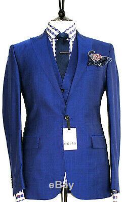 Bnwt Luxury Mens Reiss London Royal Petrol Blue 3 Piece Slim Fit Suit 40r W34