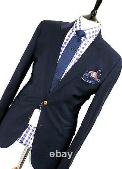 Bnwt Mens Hardy Amies Savile Row London Solid Navy Slim Fit Suit 38r W32
