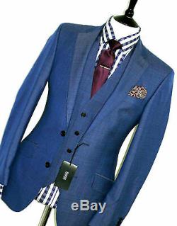Bnwt Mens Luxury Hugo Boss Textured Blue 3 Piece Slim Fit Suit 38r W32 X L32