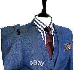 Bnwt Mens Luxury Hugo Boss Textured Blue 3 Piece Slim Fit Suit 38r W32 X L32