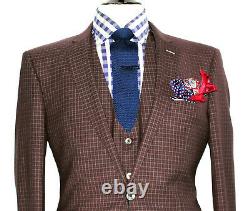 Bnwt Mens Remus Uomo Brown Mirco Check 3 Piece Slim Fit Suit 42r W36 X L32