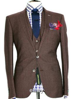 Bnwt Mens Remus Uomo Brown Mirco Check 3 Piece Slim Fit Suit 42r W36 X L32