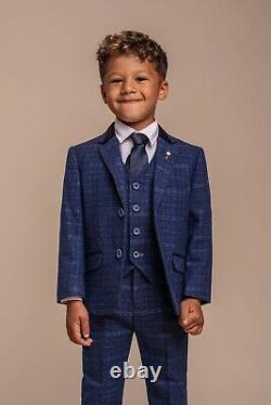 Boys Cavani Slim Fit Retro Blue Check Tweed Suit Vintage Peaky