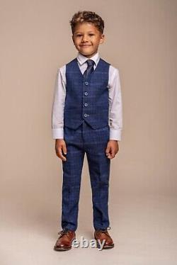 Boys Cavani Slim Fit Retro Blue Check Tweed Suit Vintage Peaky