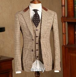 Brown Classic Plaid Tweed Suit for Men Slim fit Groom Wedding Formal 3 Piece