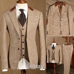 Brown Classic Plaid Tweed Suit for Men Slim fit Groom Wedding Formal 3 Piece