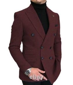 Burgundy Red with Grey Lapel Tux Men Slim Fit Formal Suits Wendding Party
