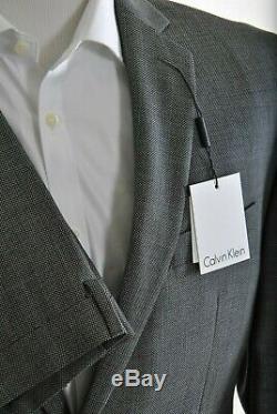 Calvin Klein Mens Slim Fit Gray Pin-dot 2 Button 100% Wool Suit 40R 34W