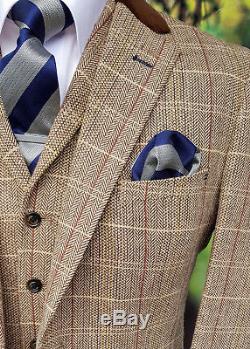 Mens Cavani Peaky Blinders Brown Check Wool Mix Formal 3 Piece Suit Tweed NEW