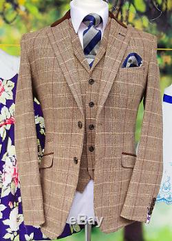 Mens Brown Check Tweed Slim Fit Lined Wedding 1920's Peaky Blinders 3 Piece Suit