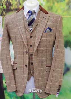 Cavani Baron Men's 3 Piece Tan Brown Check Tweed Slim Fit Suit Peaky Blinders
