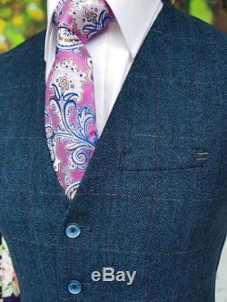 Cavani Carnegi Men's 3 Piece Blue Check Tweed Slim Fit Suit Peaky Blinders