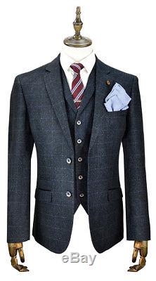 Cavani Draco Mens New 3 Piece Suits Tweed Slim Fit Suit Navy Check Sizes 36-52