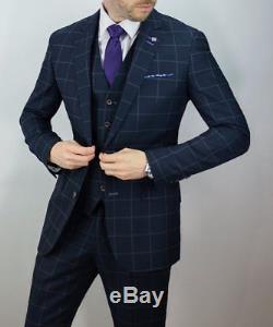 Cavani Macy Mens New 3 Piece Suits Check Slim Fit Suit Navy Sizes 36-52