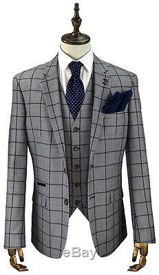 Cavani Macy Mens New 3 Piece Suits Check Tweed Slim Fit Suit Navy & Grey