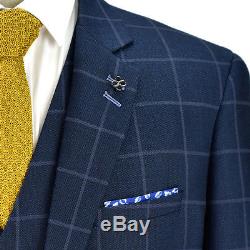 Cavani Macy Mens New 3 Piece Suits Check Tweed Slim Fit Suit Navy & Grey