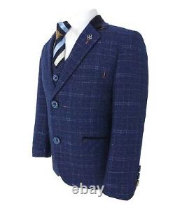 Cavani Men's & Boys Slim Fit Retro Blue Check Tweed Vintage Peaky Blinders Suit