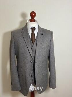 Cavani Three Piece Suit Brown Houndstooth Tweed Chest 42R Waist 36R Slim Fit