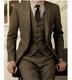 Custom Size Slim Fit Vintage Wool Tweed 3-Piece Tan Khaki Herringbone Suit