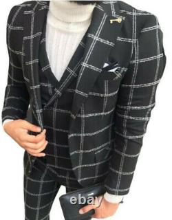 Designer Business Black Checkered Suit Jacket Vest Trousers Fitted Fit Slim