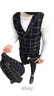 Designer Business Black Checkered Suit Jacket Vest Trousers Fitted Fit Slim