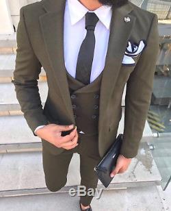 Designer Business Grün Green Suit Herren Anzug Sakko Weste Tailliert Slim Fit 50