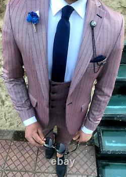 Designer Business Old Rose Pinstripe Suit Jacket Vest Fitted Fit Slim
