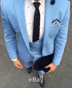 Designer Suit Business Hellblau Herren Anzug Sakko Hose Weste Tailliert Slim Fit