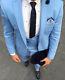 Designer Suit Business Hellblau Herren Anzug Sakko Hose Weste Tailliert Slim Fit